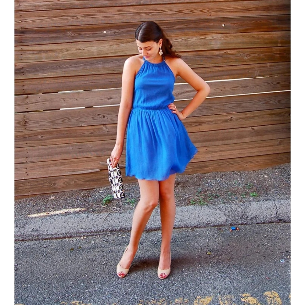 Forever 21 Skater Dress Royal Blue Gauze High Neck XS